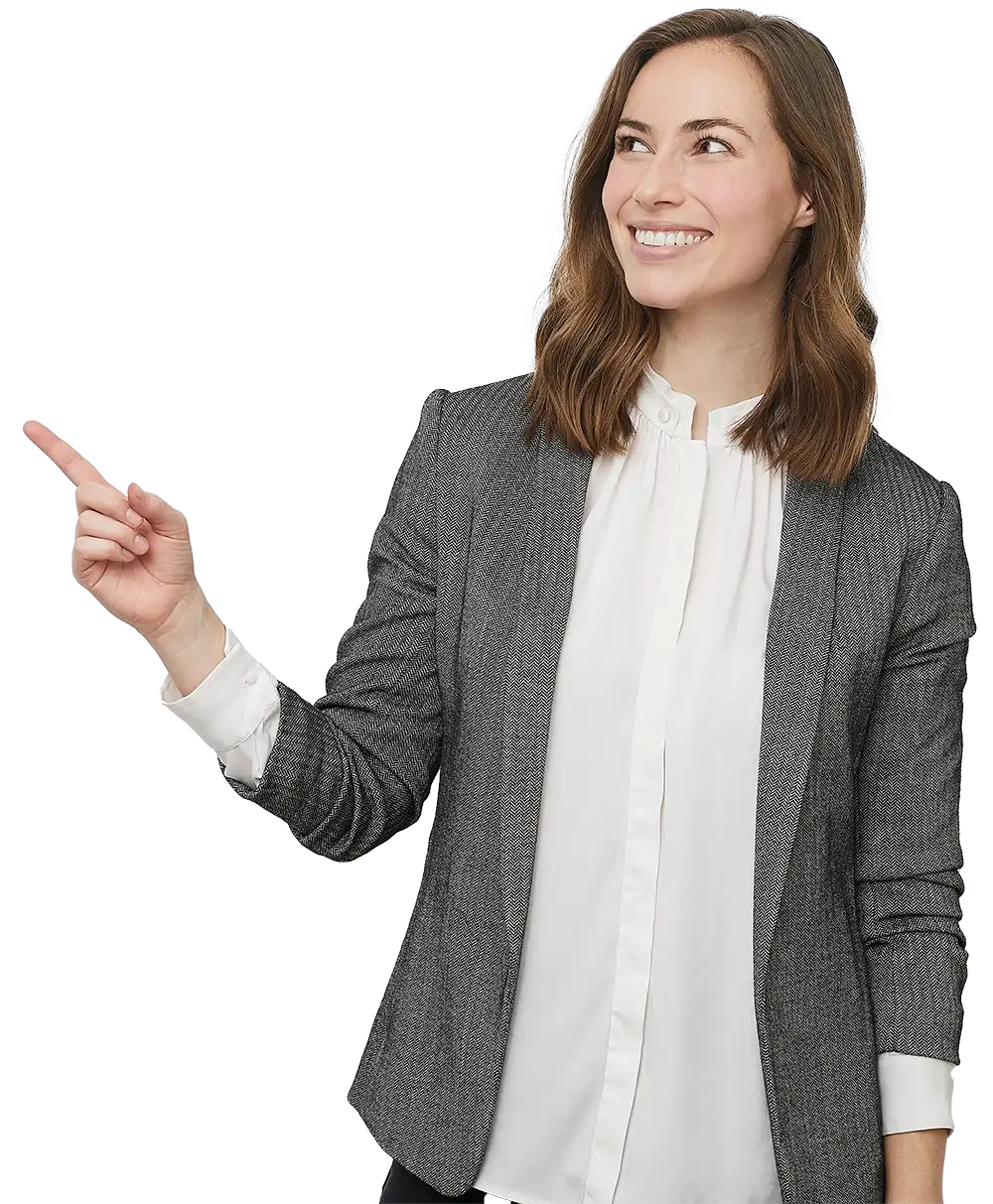 Junge Frau zeigt mit dem Finger auf die Leistungen